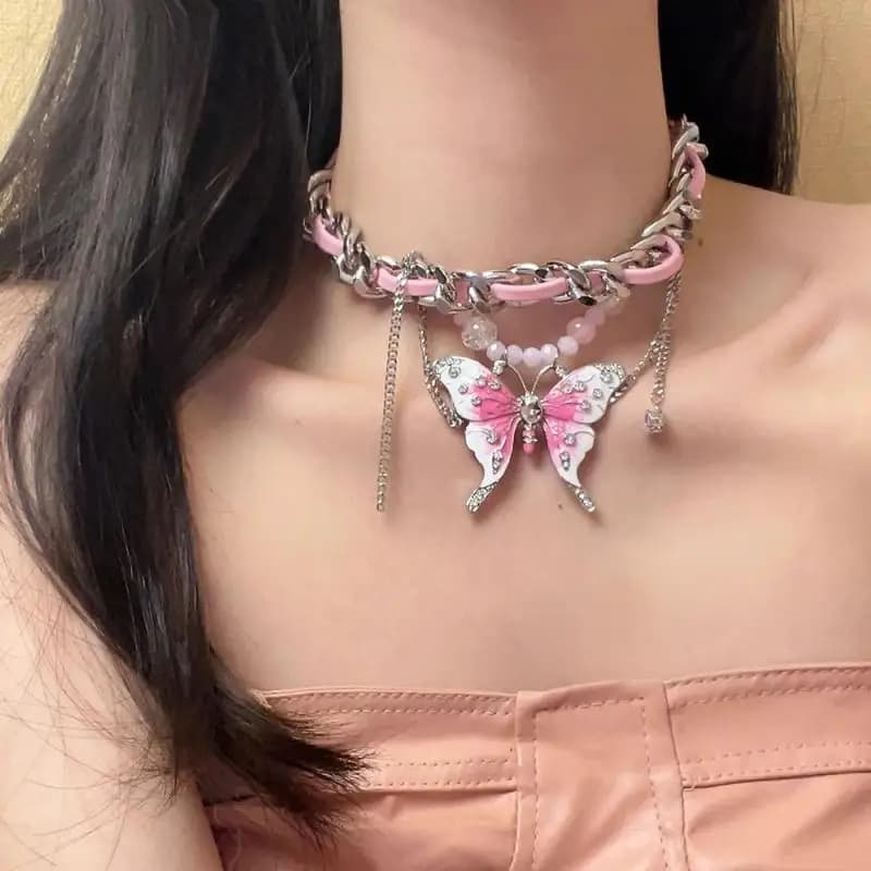 Velvet Butterfly Tassel Necklace Sweet Cool Spice Girl Temperament Exaggeration Light Luxury Design Leather Clavicle Chain