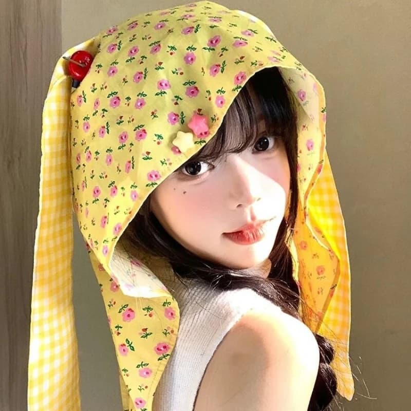 Cappello con Cappuccio e Orecchie di Coniglio Floreale Y2K, Sciarpa Antivento a Quadri Kawaii per Donne e Ragazze, Streetwear Quotidiano e Feste