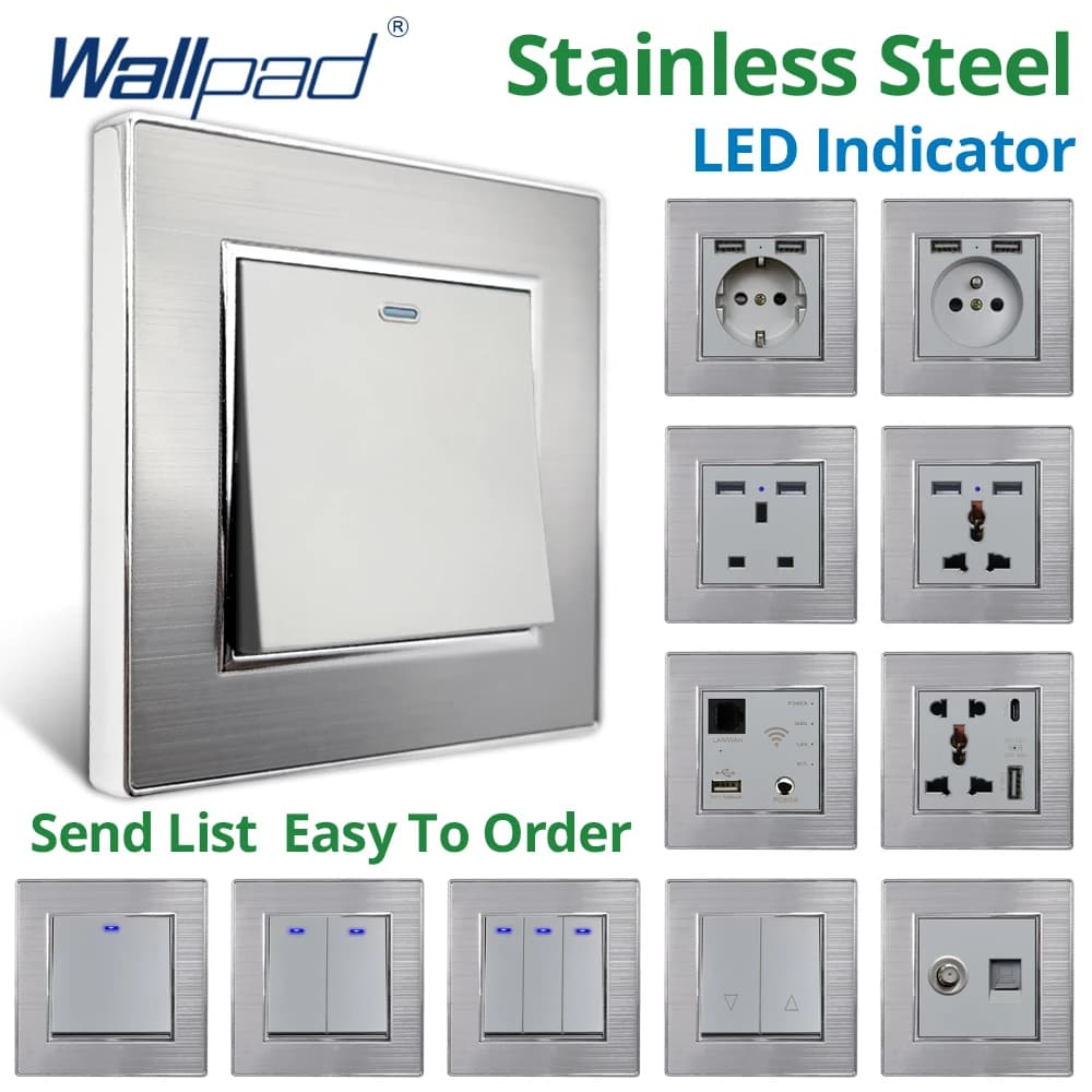 Wallpad 1 2 3 Gang 2 Interruttori della luce da parete a 3 vie con pannello LED in acciaio inossidabile Prese di alimentazione EU UK con porta di ricarica USB 220V