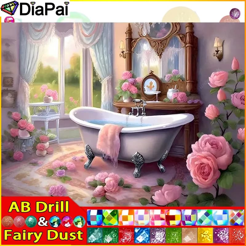 DIAPAI Fairy Dust AB 5D Diamond Embroidery Needlework Kit "Bathroom Flowers" Diy Diamond Painting Cross Stitch Home Decoration