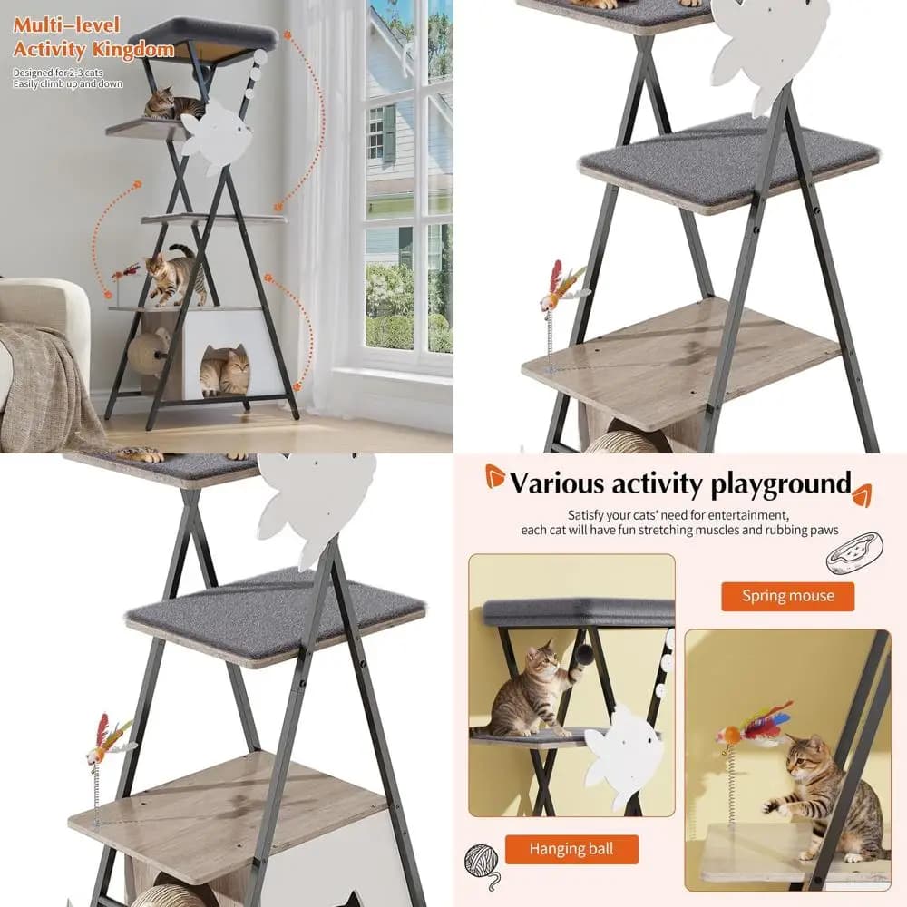 Torre per Gatti da Interno Rialzata con Piattaforme Multi-Livello, Tana Accogliente, Tiragraffi e Cuscini Rimovibili, Grigio Chiaro Stile X