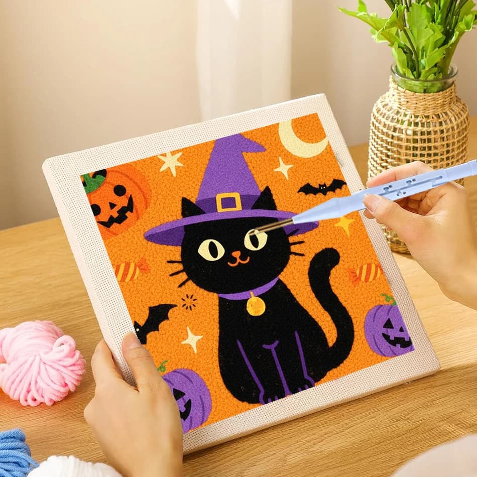 Halloween Black Cat Diy Punch Needle Kit Pumpkin Bat Pattern With Frame Embroidery DIY Craft Cross Stitch Kit Handcraft Sewing F