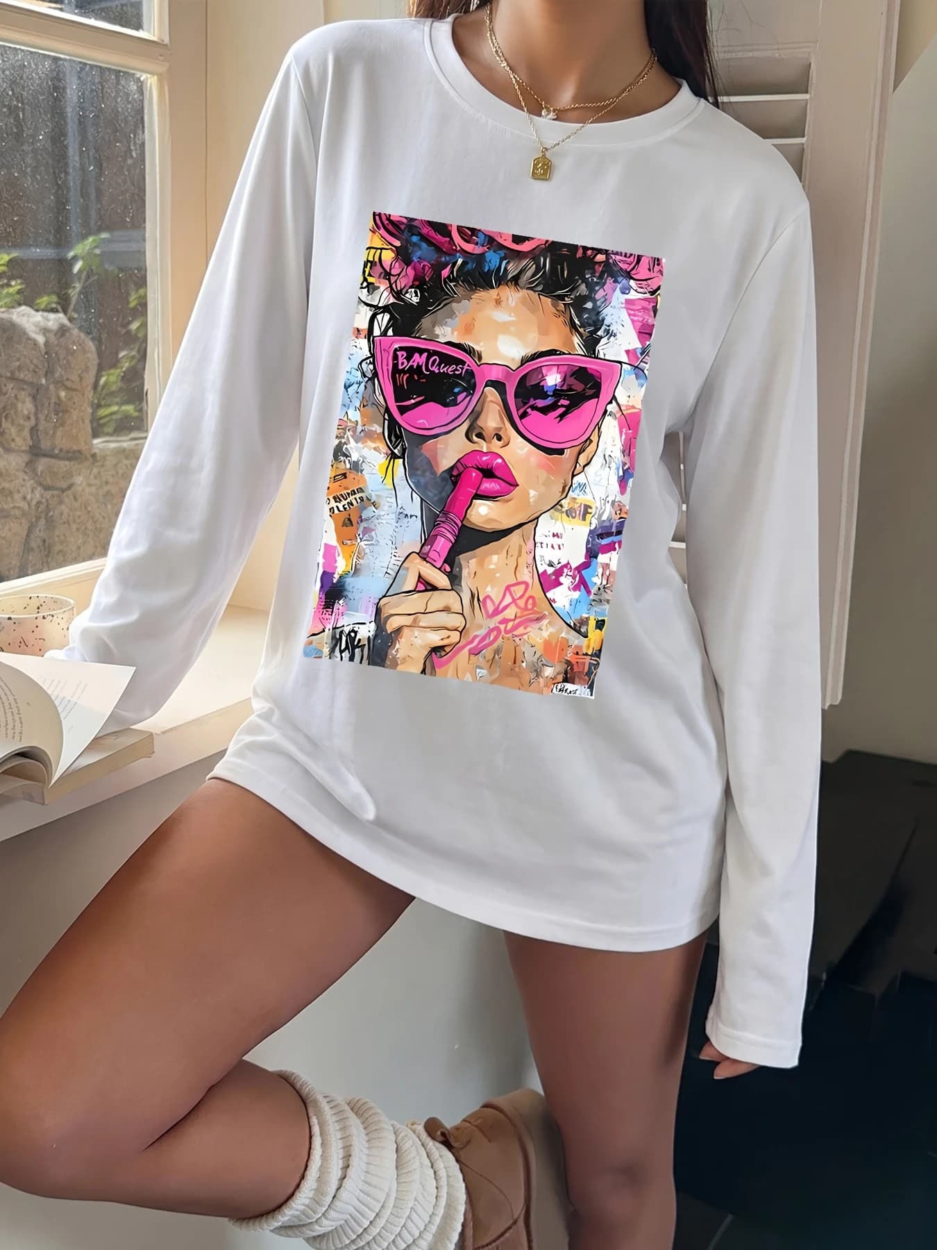 ZZG Women's Sliky Fiber Oversized Round Neck T-Shirt - Cool Graffiti Print Long Sleeve Top, Machine Washable Loose Fit Suitable