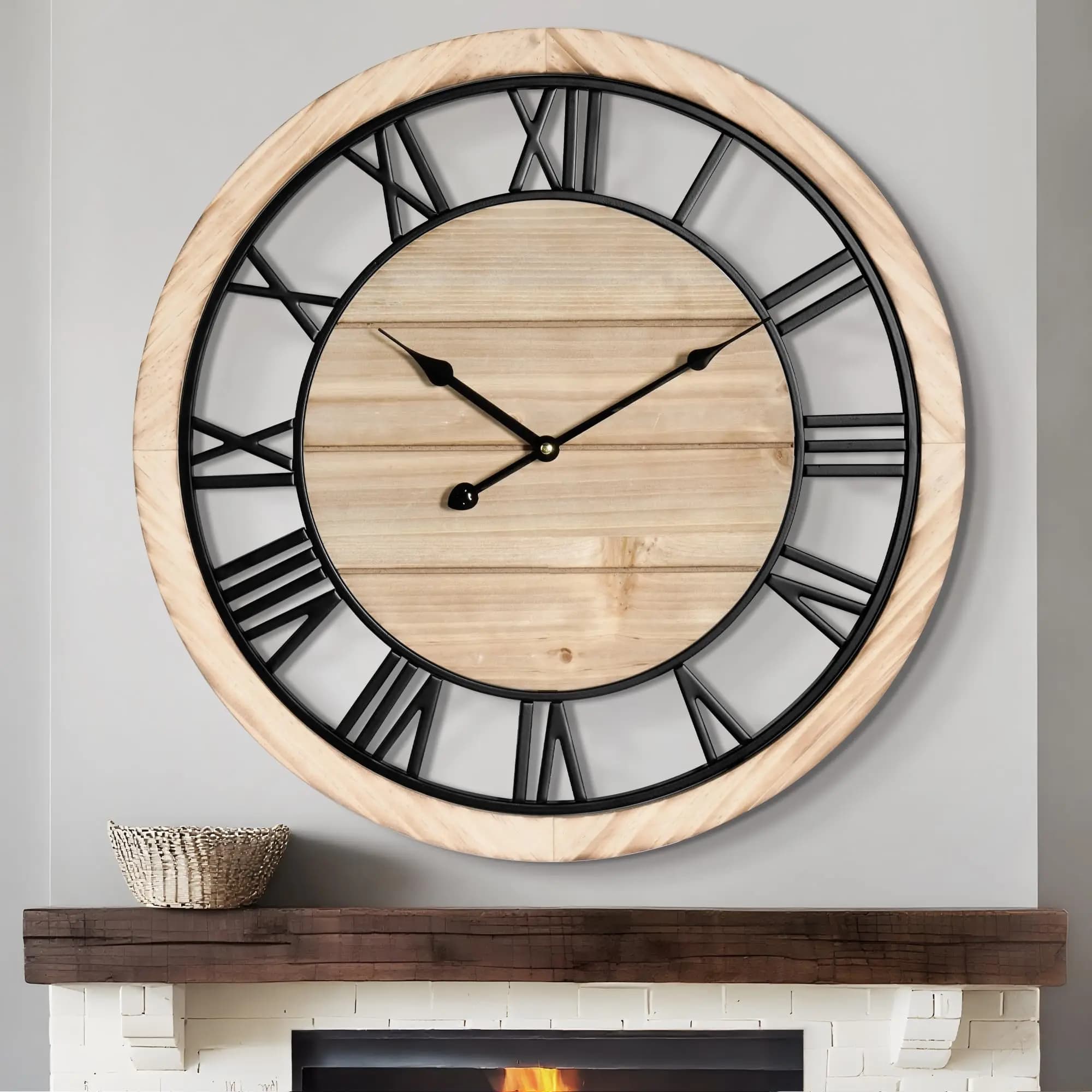 Orologio da parete rustico in legno da 16 pollici con cornice in metallo nero, silenzioso, senza ticchettio, per soggiorno, camera da letto, cucina