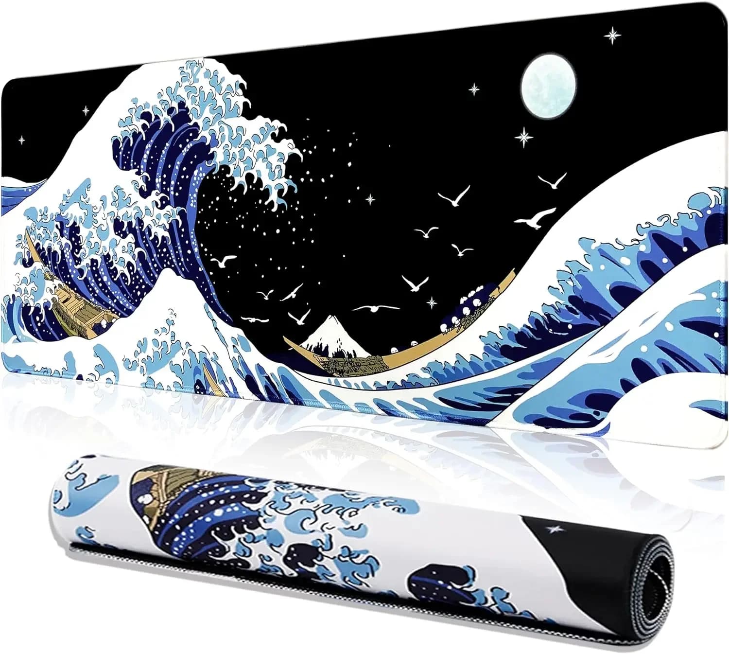 Tappetino per mouse da gioco, tappetino per mouse grande Sea Wave, tastiera per PC e tappetino da tavolo in gomma per computer super grande antiscivolo, Kanagawa Surfing e nero