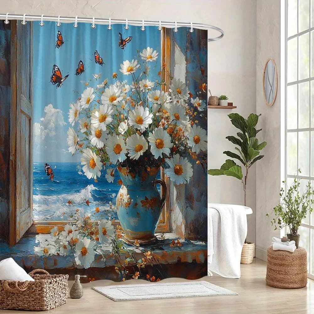 Tenda da doccia costiera - Vaso blu, margherite bianche e farfalle, vista sull'oceano illuminata dal sole, poliestere, lavabile in lavatrice, arredamento da spiaggia