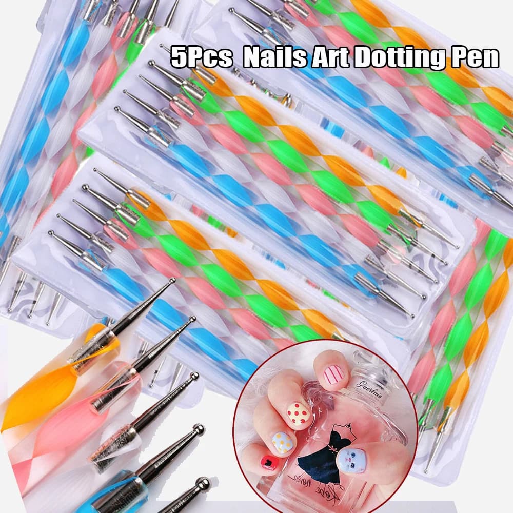 Set di 5 Penne Professionali per Nail Art UV Gel, Doppia Punta per Graffiti e Pittura, Penne per Puntini Rotondi Fai-da-Te per Manicure Natalizia
