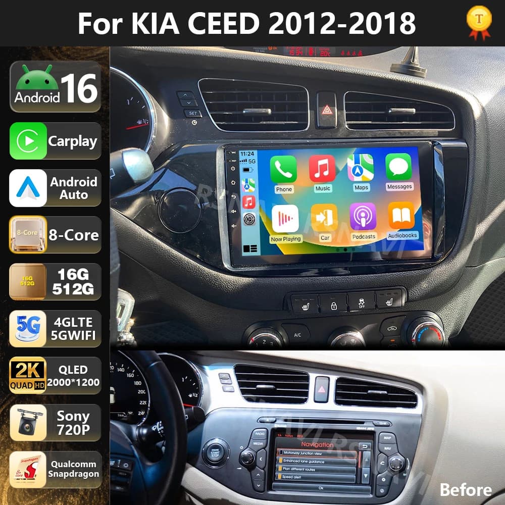 Autoradio multimediale Qualcomm Android 16 per KIA Ceed CEED JD 2012-2018 con Carplay, stereo per auto, DSP, WiFi+4G, GPS e controllo vocale AI