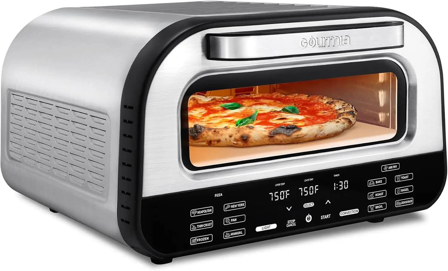 Forno per Pizza da Interno con Funzione Friggitrice ad Aria e Tostapane - Multicooker da Banco da 1800W con Pietra Refrattaria, Controlli Digitali e 6 Programmi Preimpostati