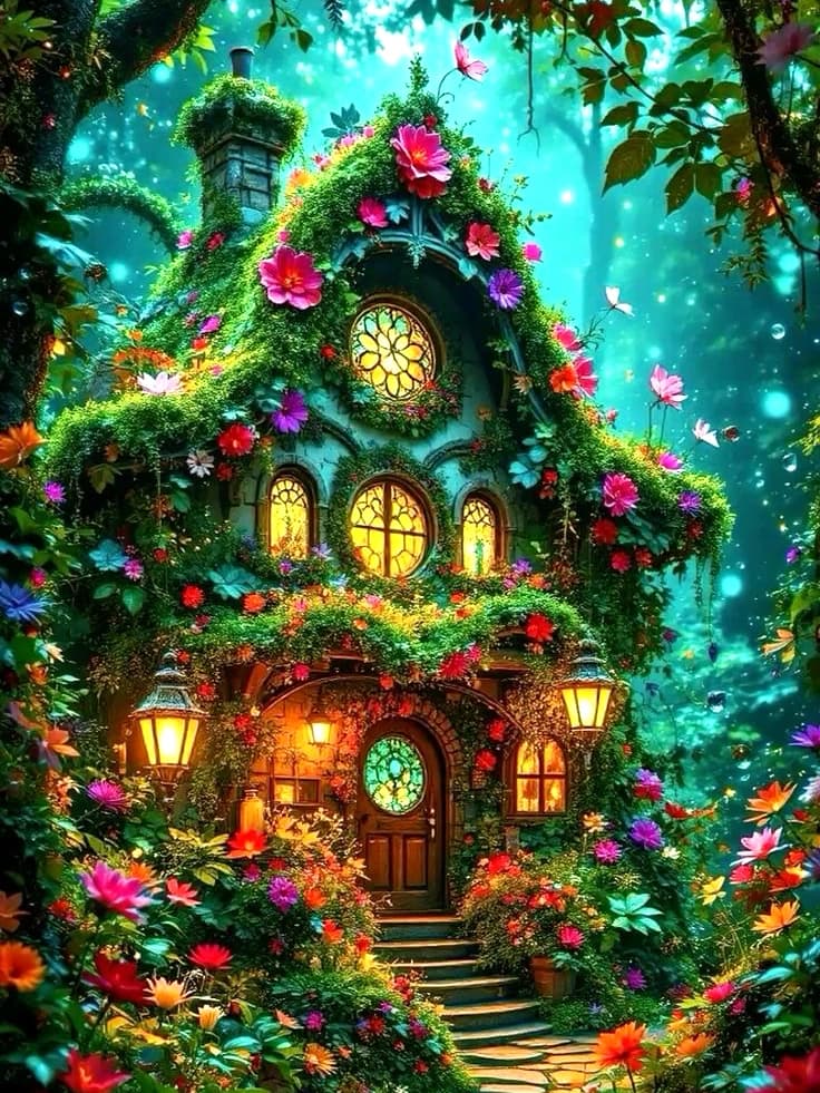Kit Pittura Diamante 5D Foresta Incantata, Punto Croce, Mosaico - Arte Magica Casa delle Fate con Fiori, Decorazione Murale Fai da Te