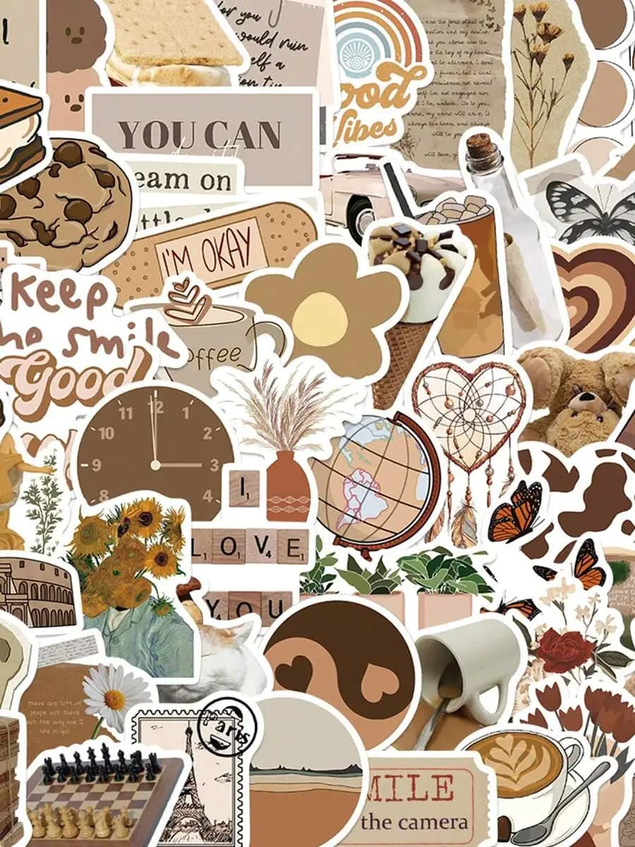 60pcs Retro Aesthetic Brown Stickers, Suitable For Luggage, Laptop, Phone, Notebook, DIY Decoration, School Supplies, Back To Sc