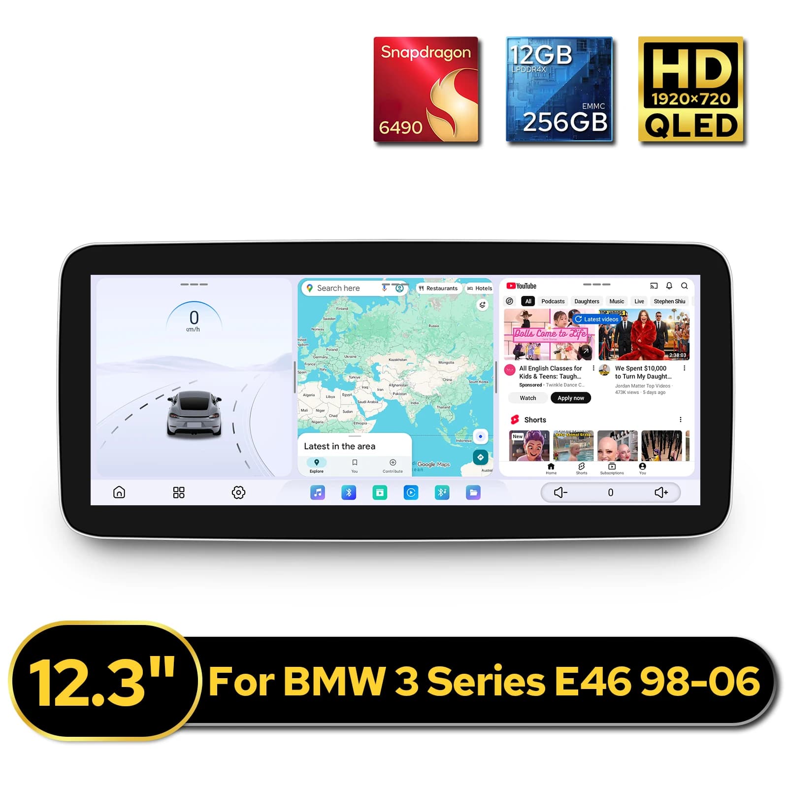 JOYING Autoradio Android 12.3\" per BMW Serie 3 E46 1998-2006, 12GB RAM 256GB ROM, CarPlay, Sistema di Navigazione GPS Intelligente