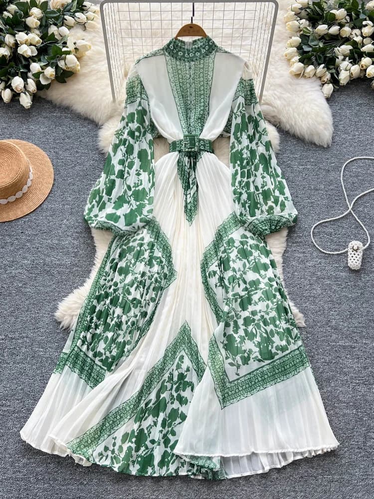 Elegant High Waist Print Long Dress Women's 2025 New Style Belted Lantern Sleeve Dress Korean Style Commute A-Line Skirt