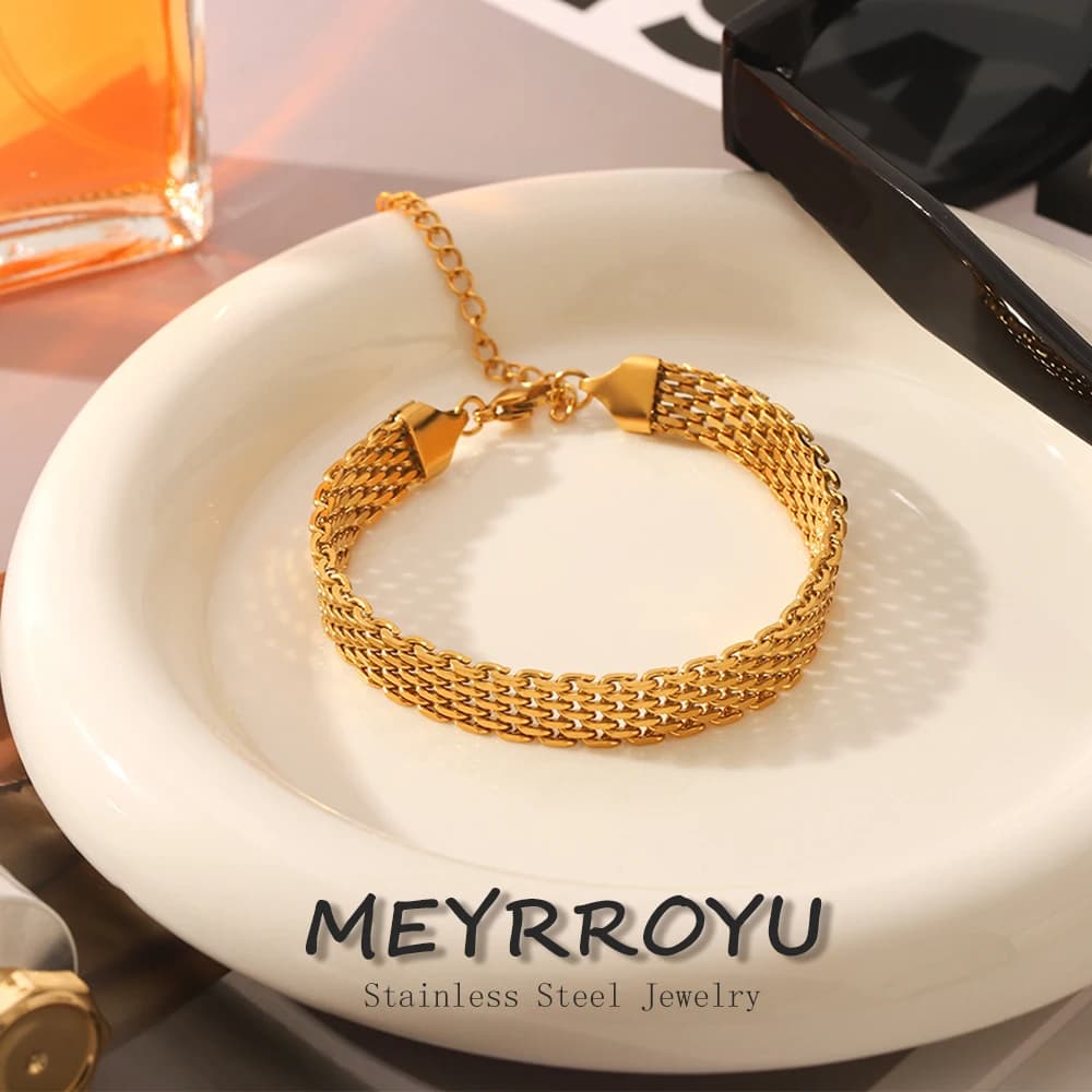 DIEYURO 316L Stainless Steel Golden Temperament Wide Snake Bone Chain Bracelet For Women Light Luxury Waterproof Wrist Chain