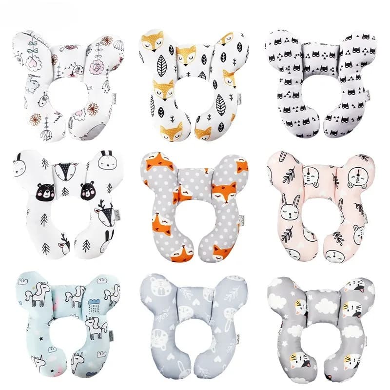 Cuscino da viaggio a forma di U con motivo a cartoni animati per neonato, passeggino da viaggio, cuscino di supporto per il collo del bambino, per modellare la testa del neonato