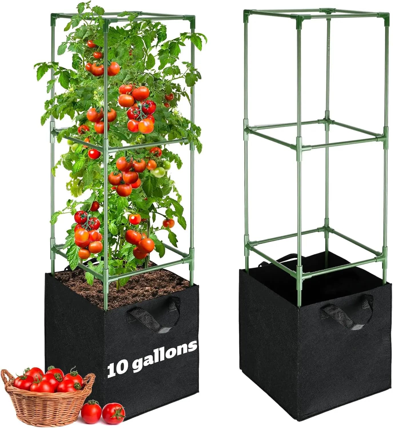 3 Set of Pomodori Sands with 10 Gallon Cultivation Bags - 47''' Stable Plant Support Kit, Square Sands with Garden Vases