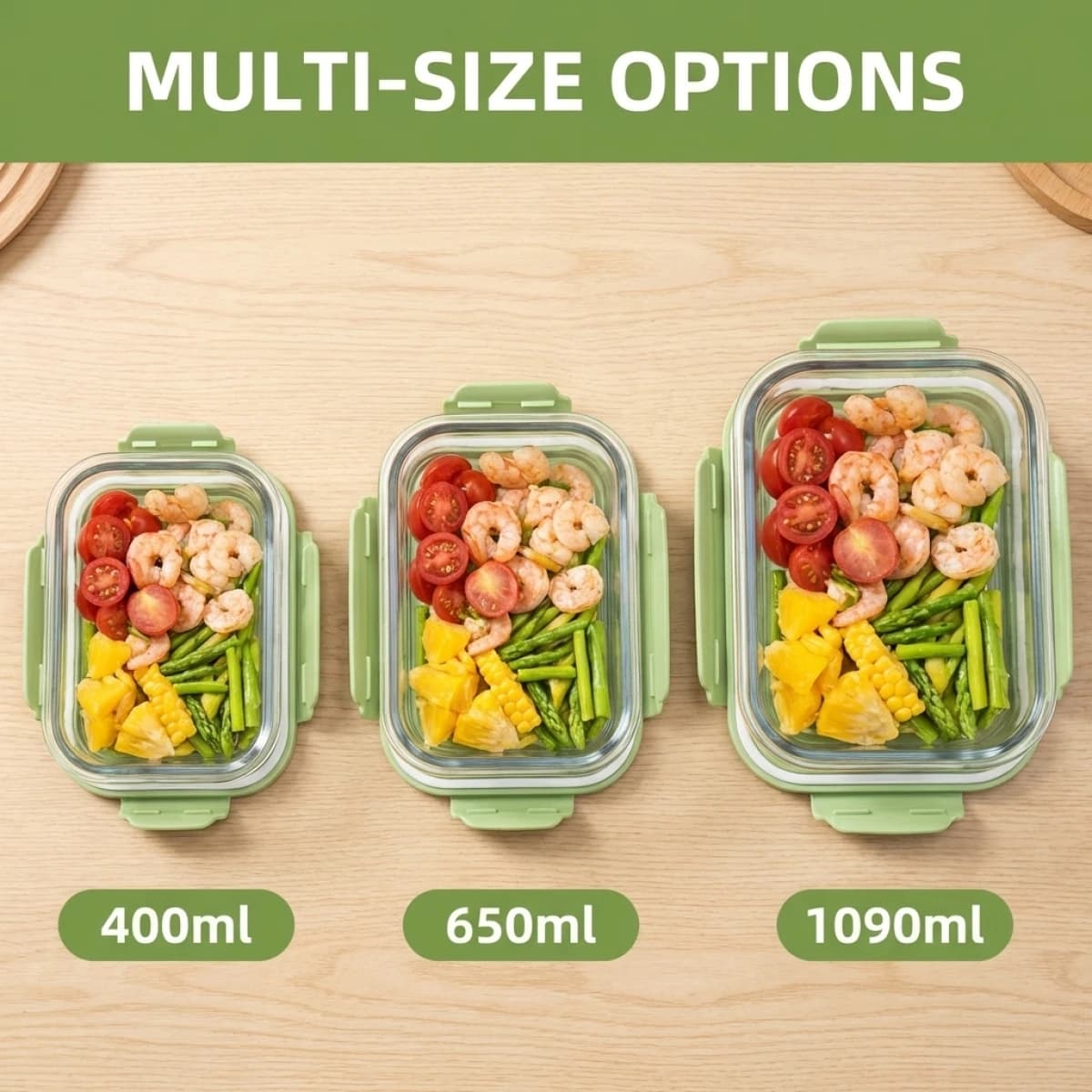 Contenitori in Vetro per Alimenti da 400/650/1090ml, Lunch Box Ermetico con Coperchio Verde Matcha, Adatto per Microonde e Congelatore, per Preparazione Pasti