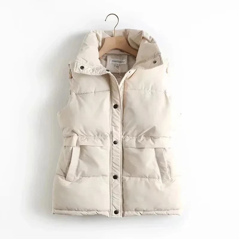 2025 Autunno Inverno Donna Solido Gilet allentato Giacca con coulisse Colletto alla coreana Senza maniche Parka imbottito in cotone Gilet caldo femminile