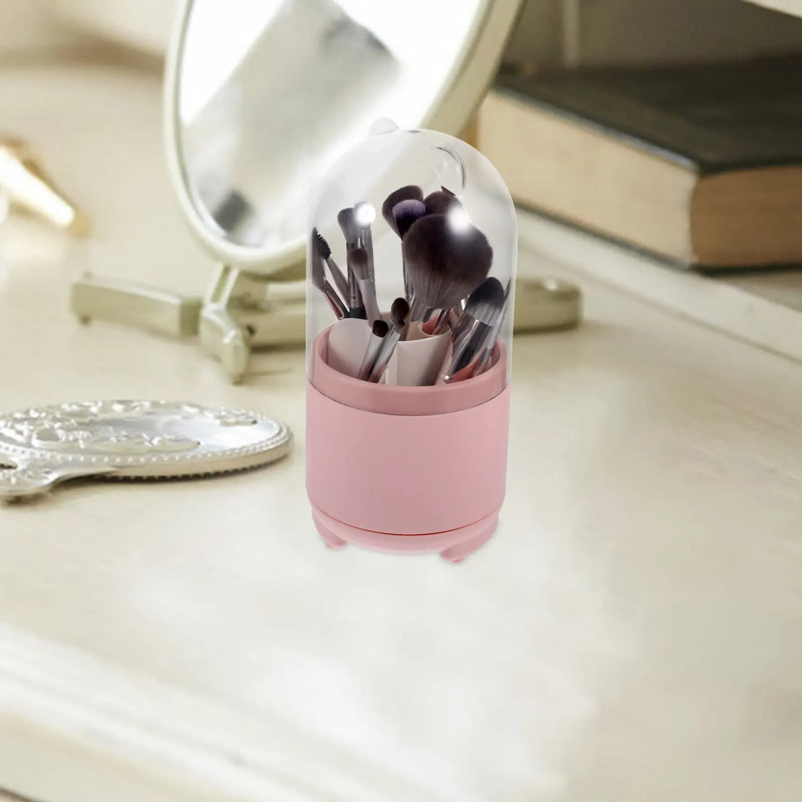 Organizzatore Girevole a 360 Gradi per Pennelli da Trucco con Coperchio, Porta Pennelli Compatto da Scrivania per Pennelli, Rossetti, Ombretti, per un Trucco Ordinato