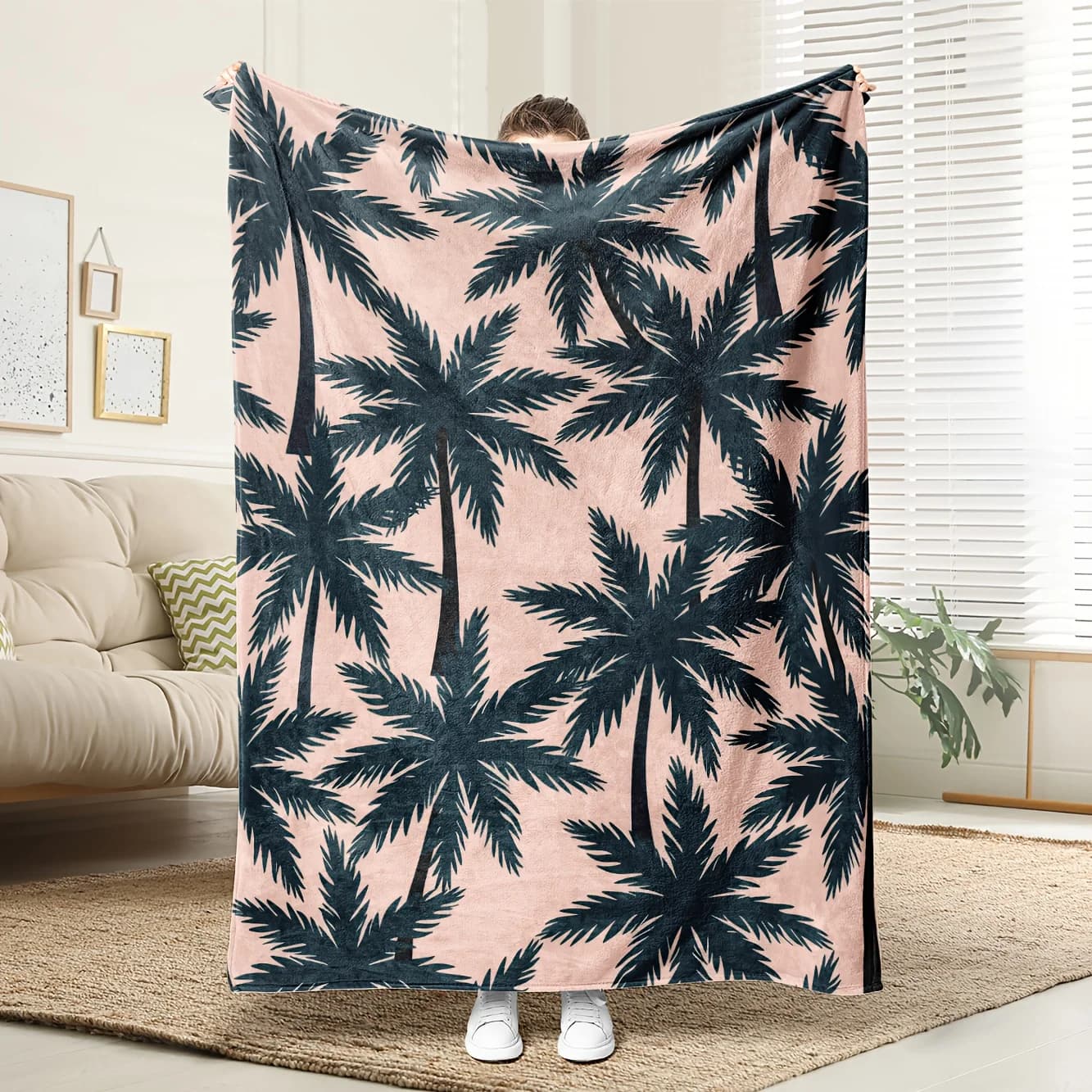 Tropical Palm Tree Print Flannel Blanket - Soft, Breathable Polyester, All-Season Cozy Throw for Home Decor, Perfect Gift