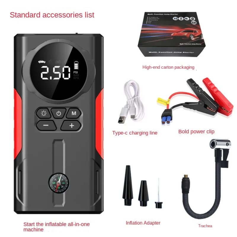 Avviatore di emergenza per auto all-in-one da 20000 mAh Pompa ad aria elettrica Misurazione della pressione dei pneumatici wireless Moto di emergenza