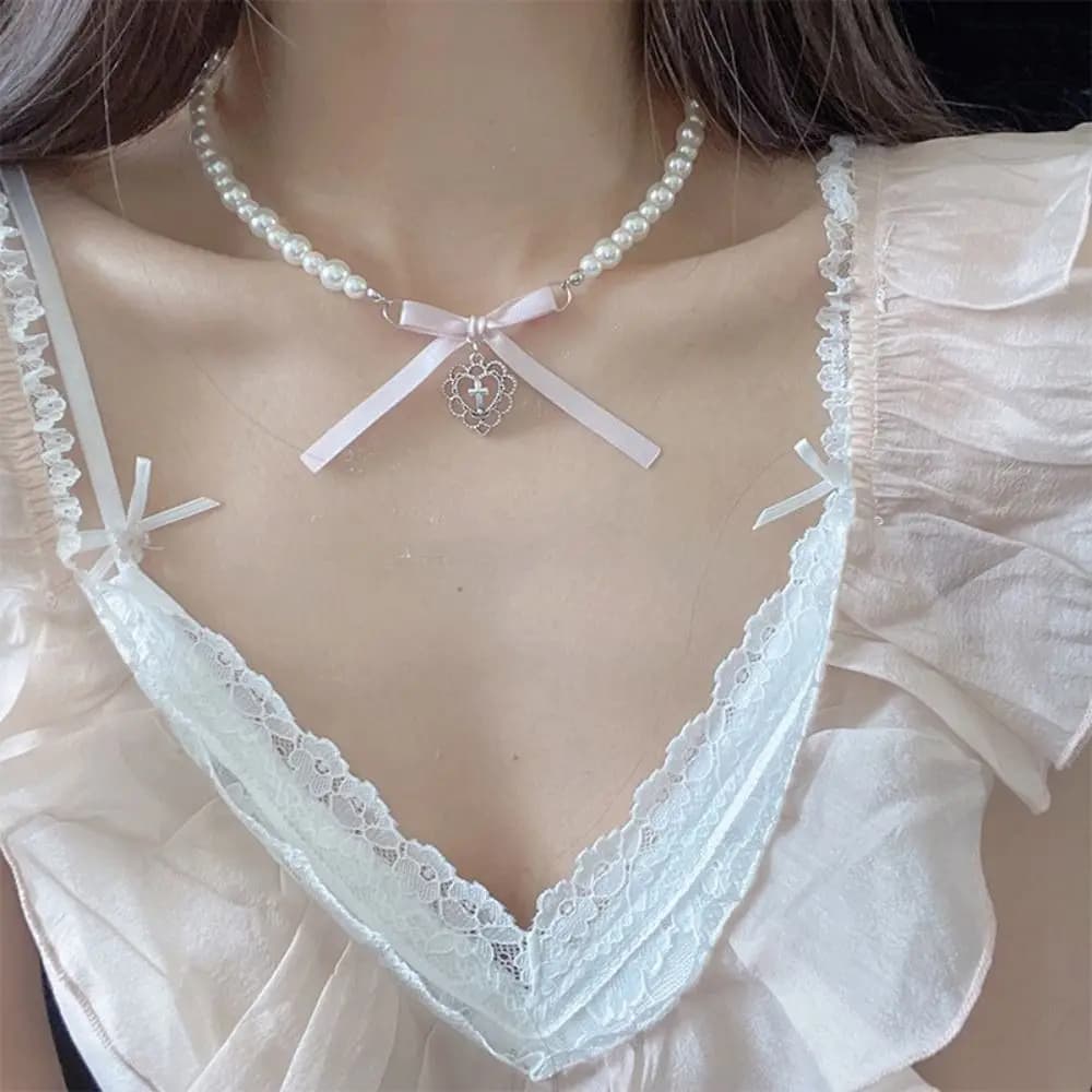 Kpop Goth Y2K Heart Bowknot Pendant Bow Love Cross Imitation Pearl Pendant Necklace for Women French Romantic Sweet Lolita Chain