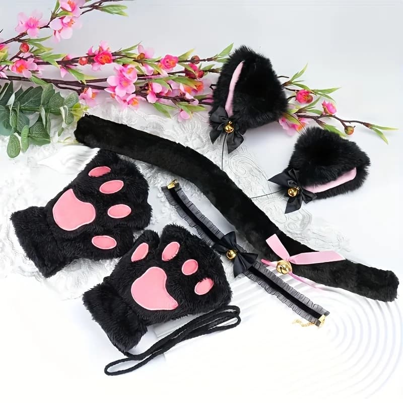 Set di 5 Pezzi: Guanti a Zampa di Gatto Invernali, Guanti Carini a Cartone Animato per Ragazze con Dita Aperte, Fascia per Capelli con Campanello, Copricapo con Orecchie di Volpe e Gatto