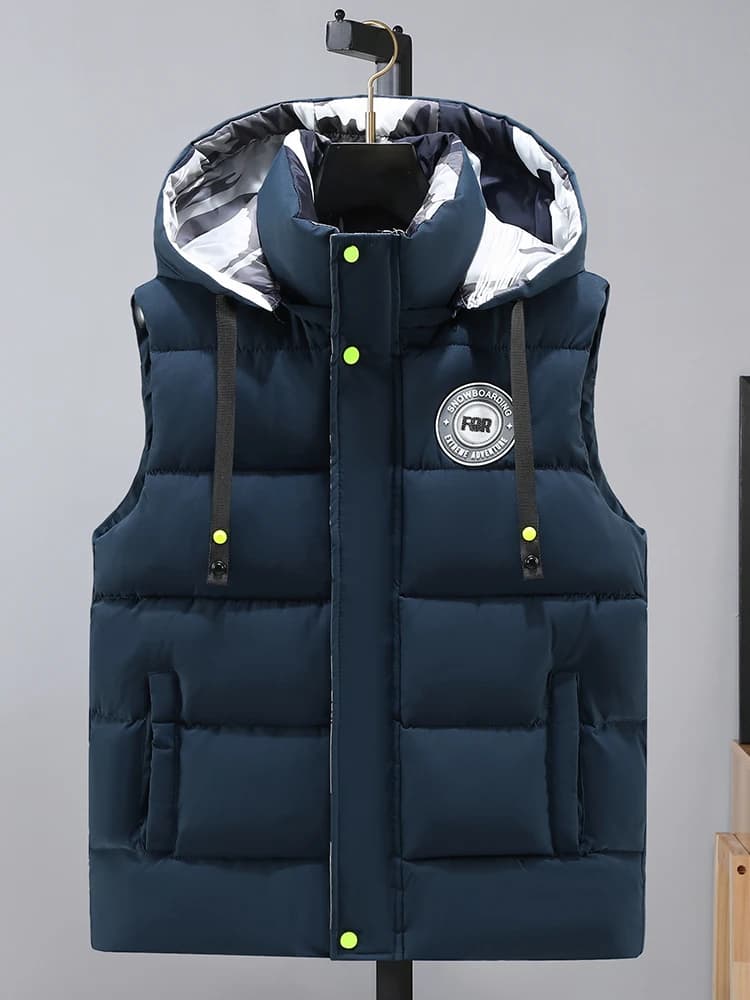 Thickened Cotton Vest Casual Men's Warmth Large Size Autumn Winter Trendy Jacket Vest Zipper Decoration Removable Cap Backless