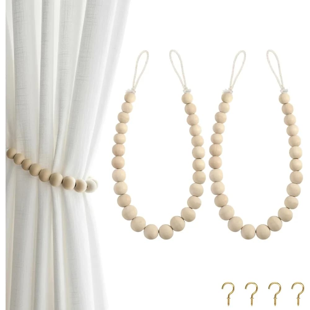 2 Pcs Boho Curtain Tiebacks, Wood Beads for Outdoor Farmhouse Style, Curtain Holders with Hooks for Home Office Decor