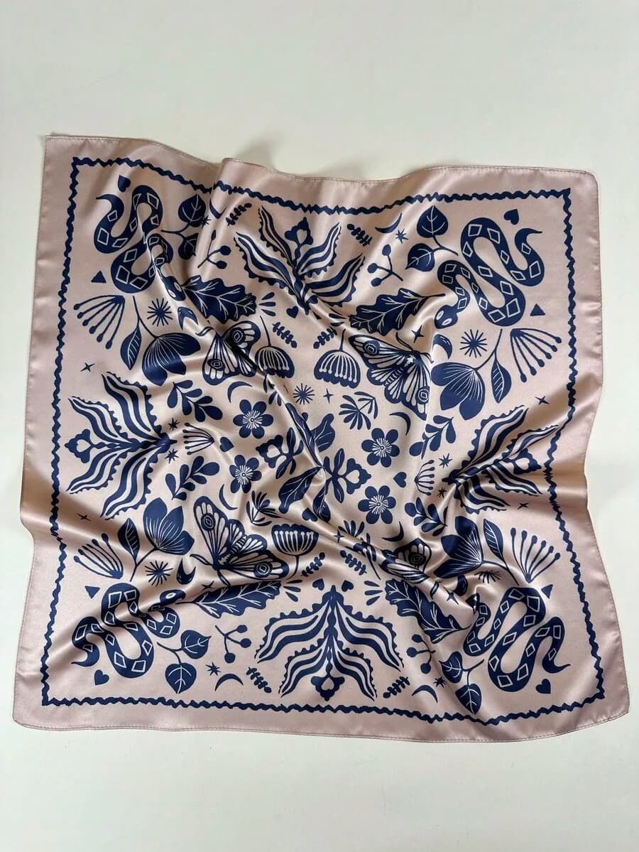 1pc Women's Bohemian Style Wild Jungle Theme Butterfly & Snake Element Print Square Silk Scarf, Elegant Neckerchief Headscarf Fo