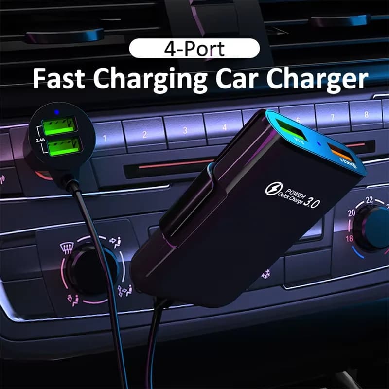 Extension cable for quick charging QC3.0 with 4 USB ports for iPhone 17 16, mobile phone, driver recorder, car charger for vehicles