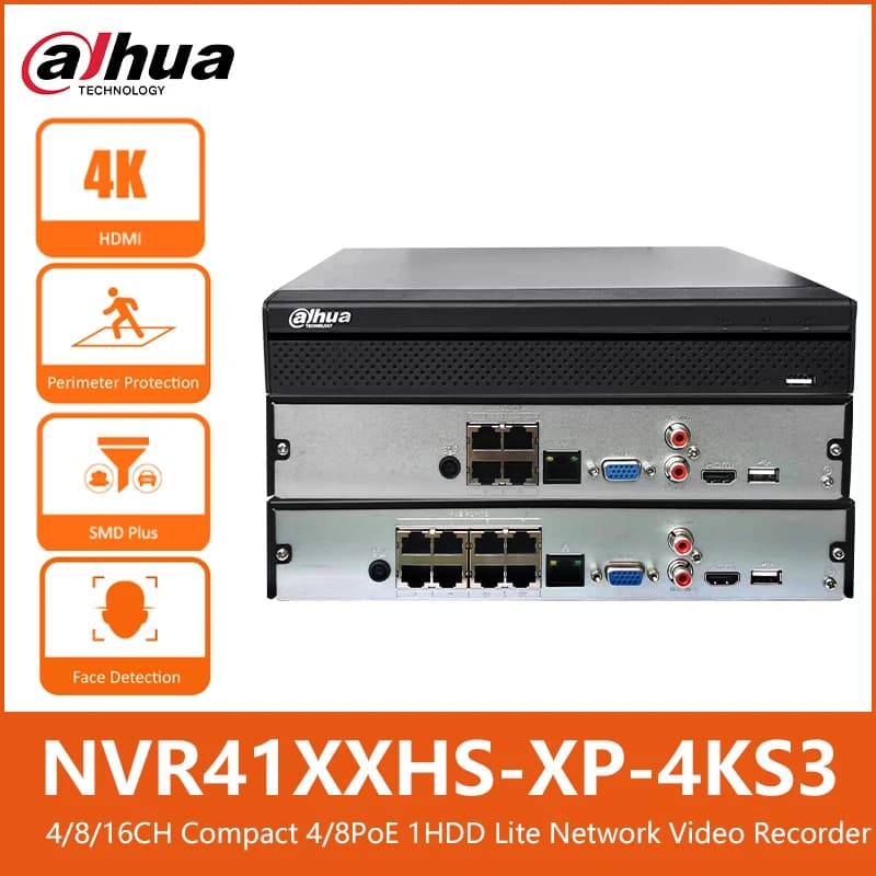 Dahua NVR4104HS-P-4KS3 4CH 4POE NVR4108HS-8P-4KS3 8CH 8POE Compact 1U Lite Network Video Recorder NVR CCTV IP Camera AI System