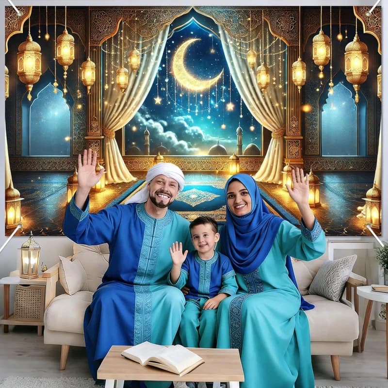 VIKAMA Banner Premium a Tema Islamico Blu e Oro con Design Luna e Moschea, Perfetto per Decorazioni Domestiche e Celebrazioni Festive