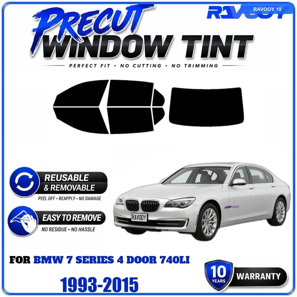 RAVOOY Precut Window Tint, Reusable Removable EPU Film, Custom Fit for Bmw 7 Series 4 Door 740Li 1993-2015, UV Heat Protection