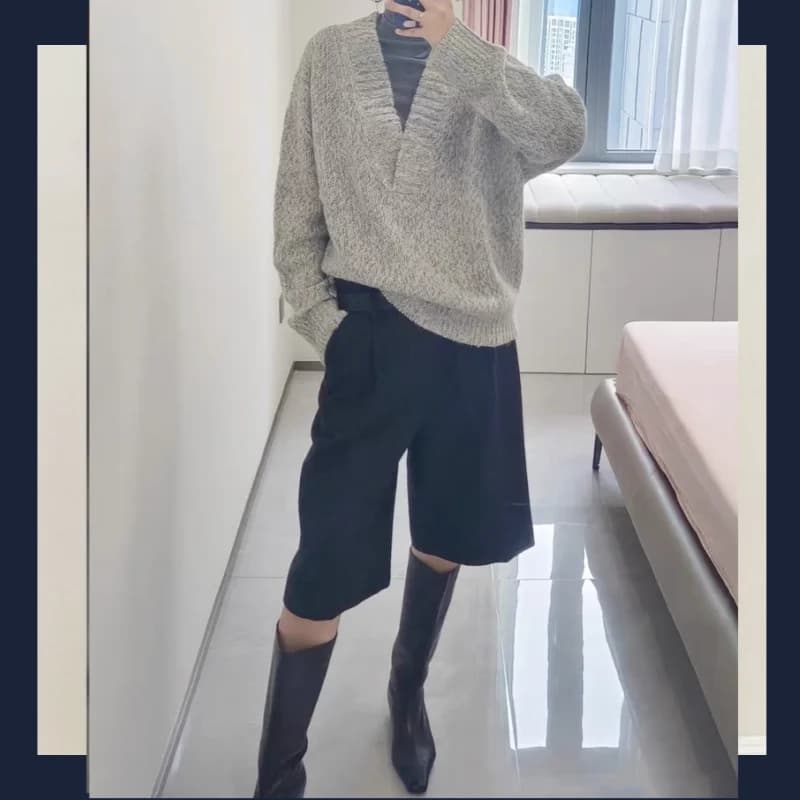 Maglione con scollo a V profondo con ago grosso casual vintage in filato floreale con fantasia in marmo di lana Lyocell