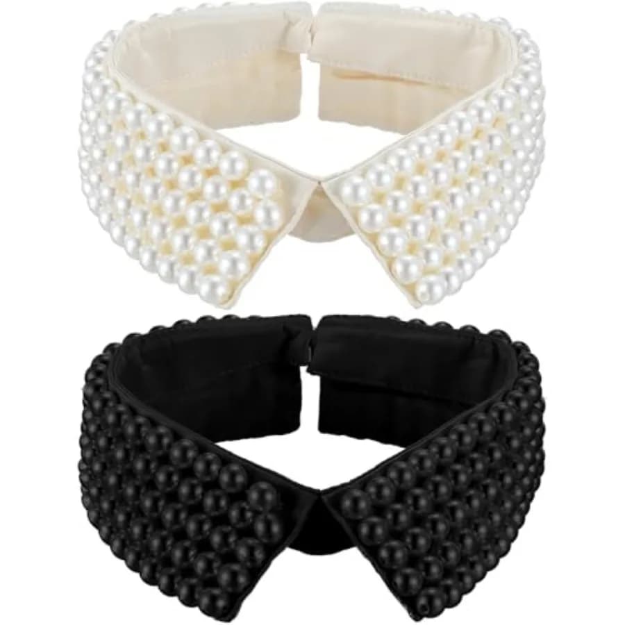 2 Pieces Pearl Collar Necklace Women, Fas andmade Detacable Fake Collar wit Adjustable Extension Cain, Apricot and Black nta S