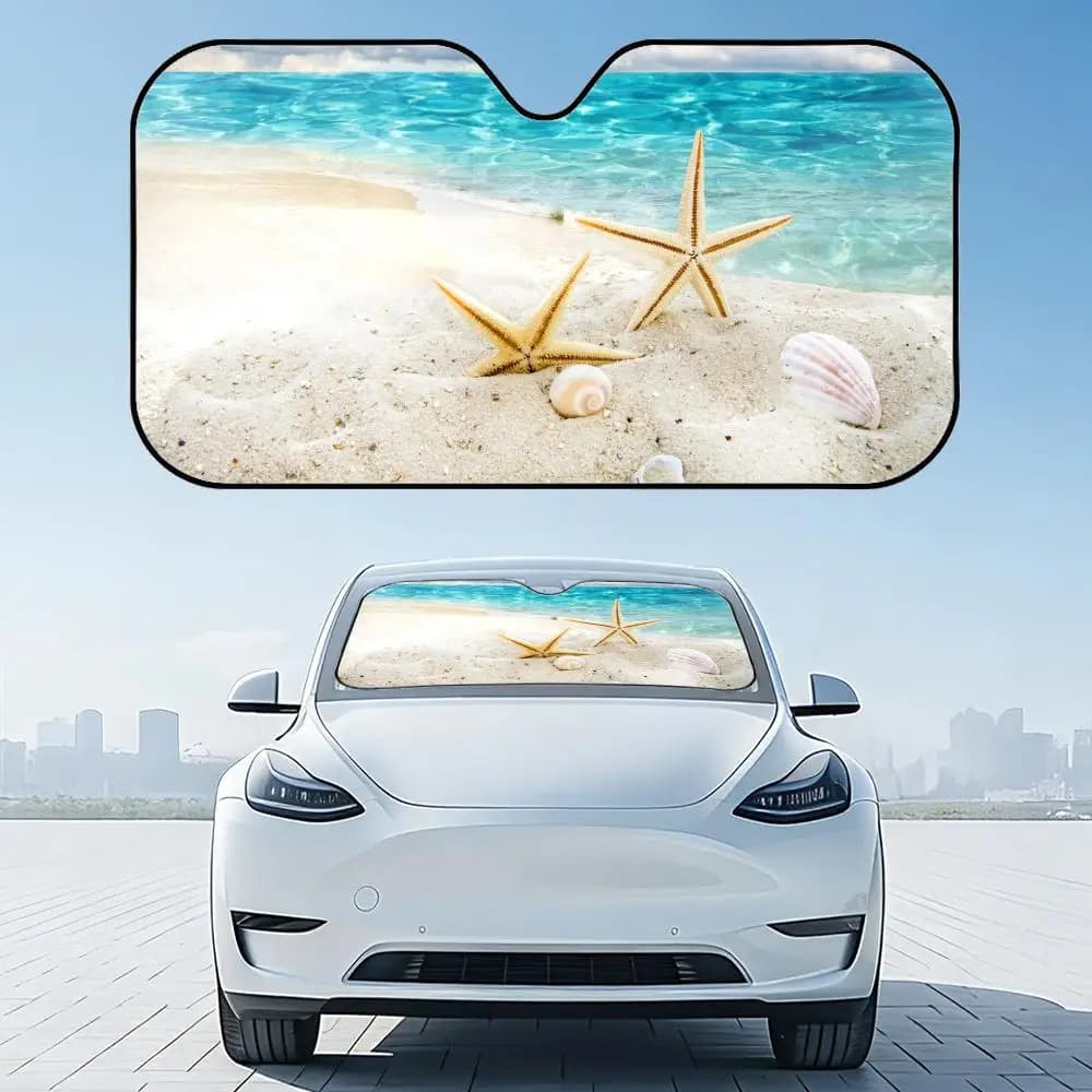Parasole per Auto in Alluminio Riutilizzabile con Motivo a Stella Marina, Conchiglia e Sabbia, Protezione UV e Isolamento Termico