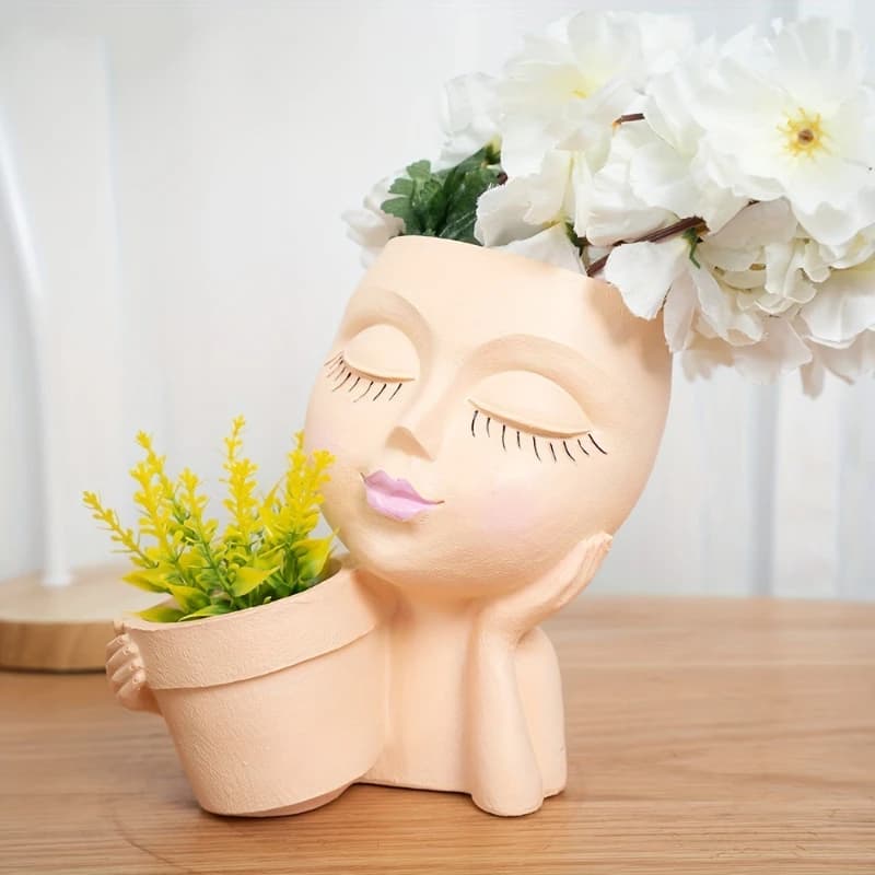 Vaso per fioriera per il viso - Vasi da fiori doppi in uno per piante da interno ed esterno Fioriera con testa in resina con foro di drenaggio Faccia da donna carina