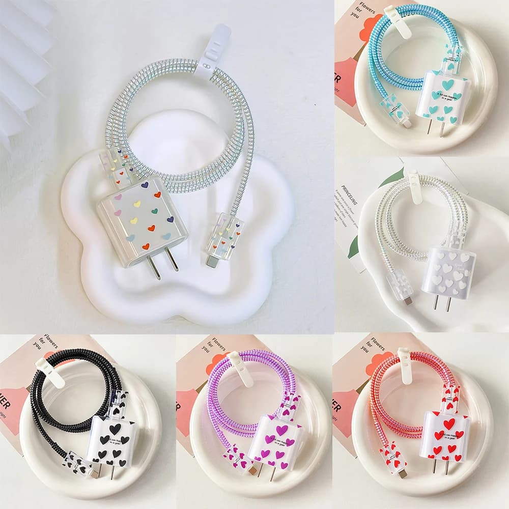 Solid Color Heart Shape Charger Case for iPhone 17 16 18W 20W US Power Adapter for Protective Cable Organizer with Quick Charging Head Cover