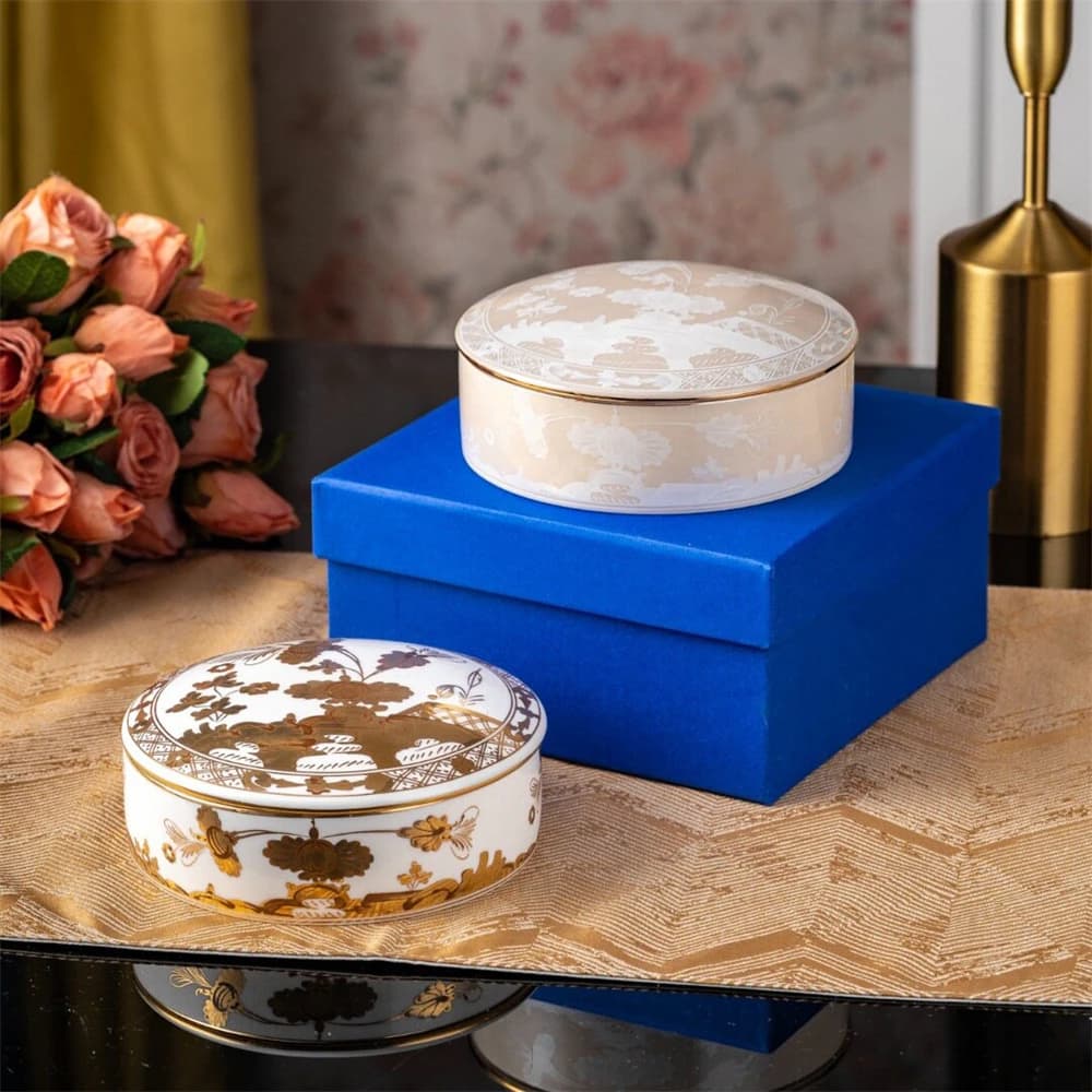 Scatola portaoggetti in ceramica dorata beige da 13 cm con coperchio, per gioielli, con stampa, regalo di Natale con confezione regalo