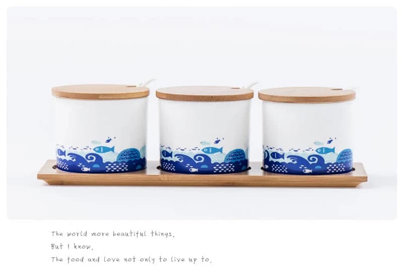 new 3pcs Set, Fine Bone China Spice Container with Lid and Spoon, Kitchen Spices Storage Box, Porcelain Organizer, Rack
