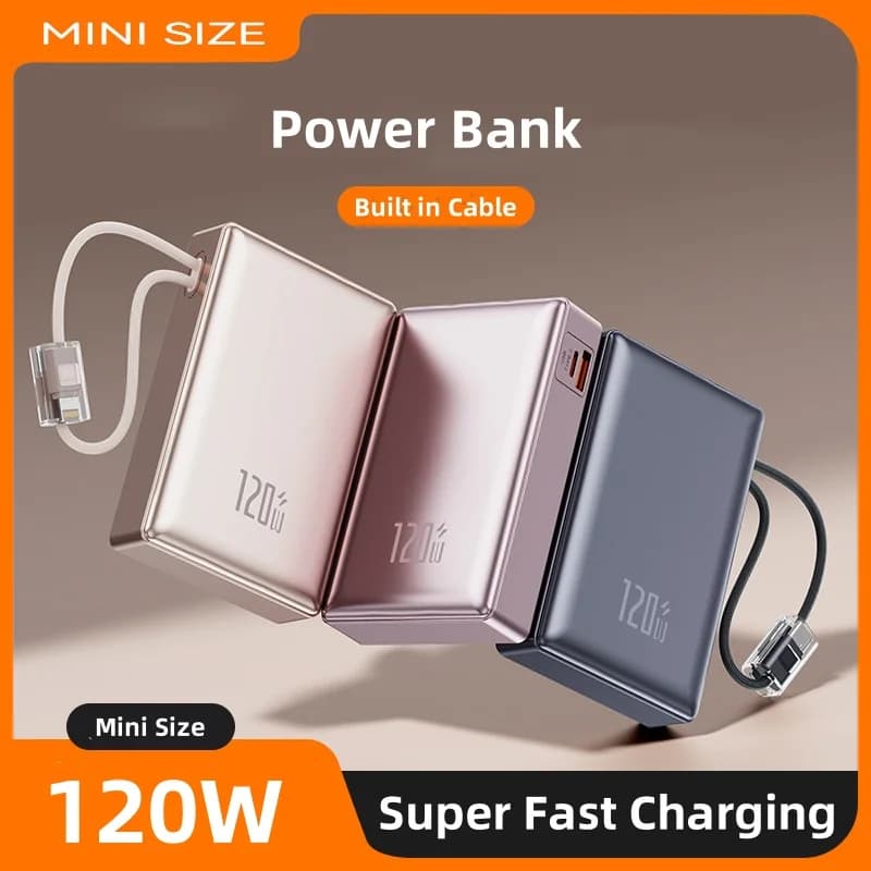 20000mAh Power Bank 120W Super Fast Charging for iPhone 16 15 Samsung Xiaomi Portable External Battery Powerbank Integrated Cable