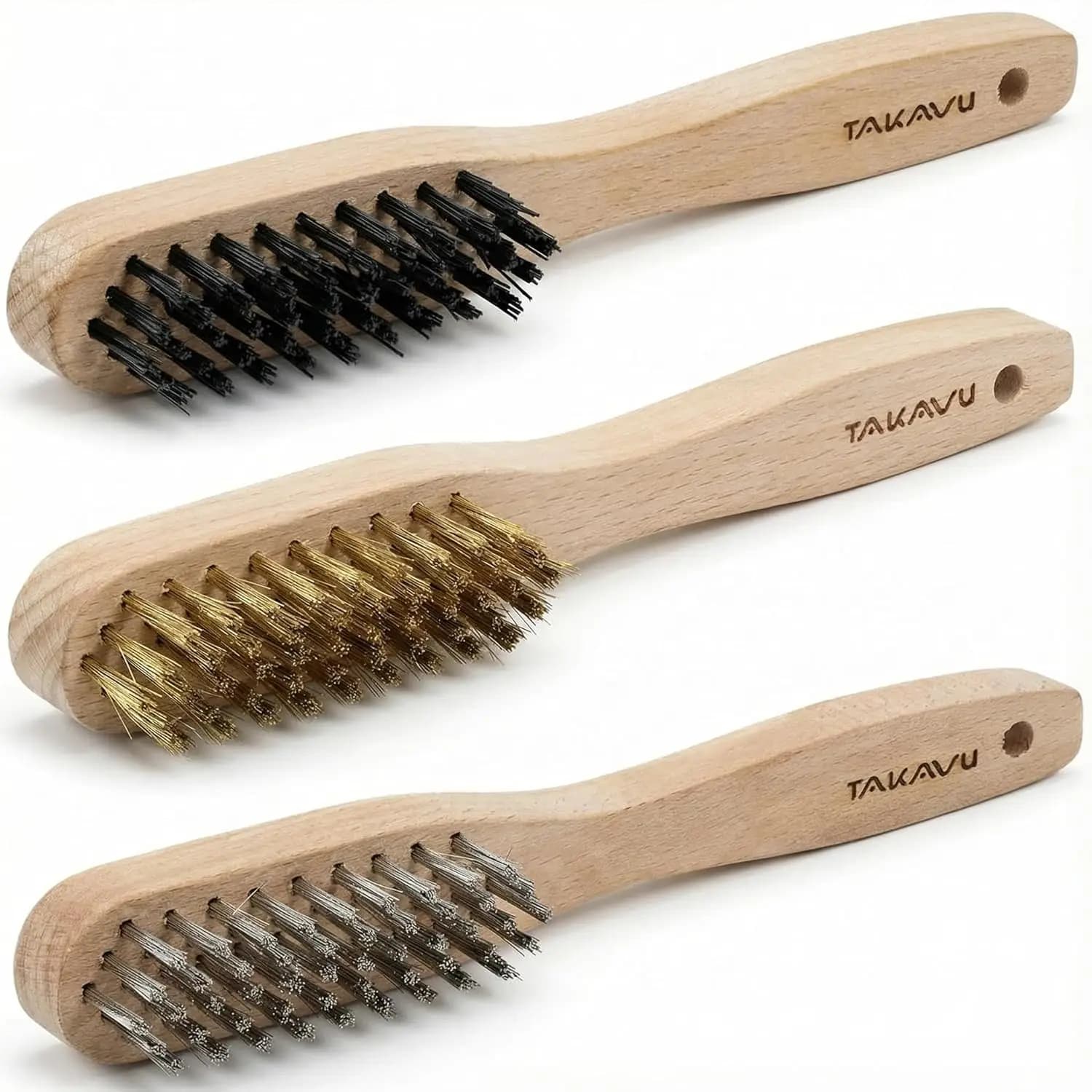 Set di 3 Spazzole Metalliche Piccole: Setole in Acciaio Inox, Ottone e Nylon per la Pulizia di Ruggine, Vernice e Metallo