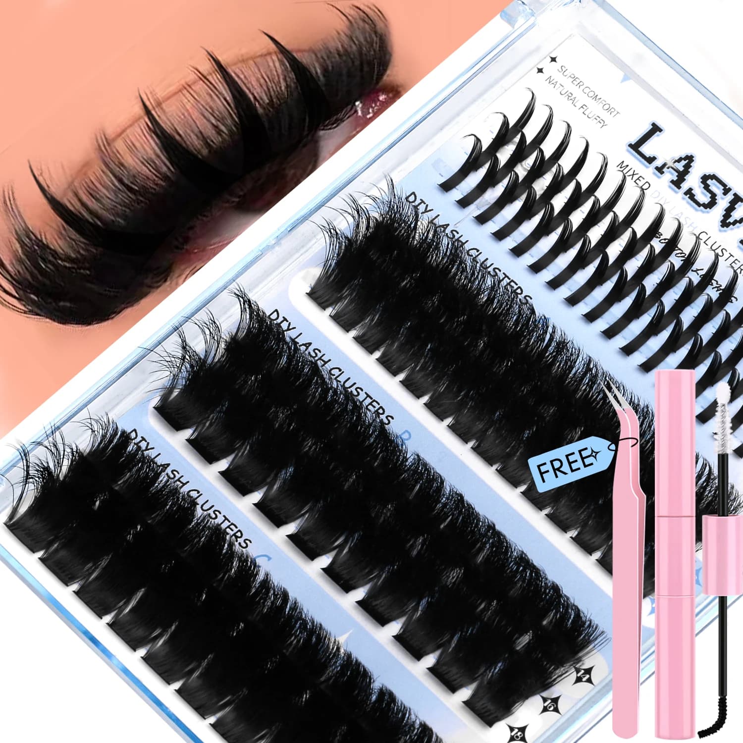 Lasvirey Cluster Eyelashes Kit Make yourself Fluffy Lash Cluster 4 IN 1 Full Set Mixed Extension individual eyelashes with tie and seal for eyelashes