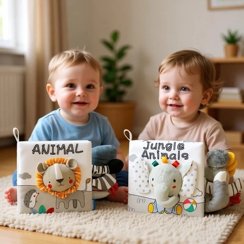 Libro in Tessuto Masticabile per Neonati 0-36M, Giocattolo Sensoriale con Code di Animali 3D, Sicuro per la Dentizione, Libro Morbido Educativo per l'Apprendimento Precoce dei Bambini