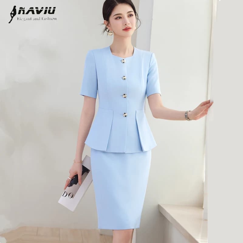 NAVIU New Sky Blue Blazer Skirt Women Suits Lady Formal Occasions Business Tuxedos Mother Wedding Party Ladies 2 Piece Set