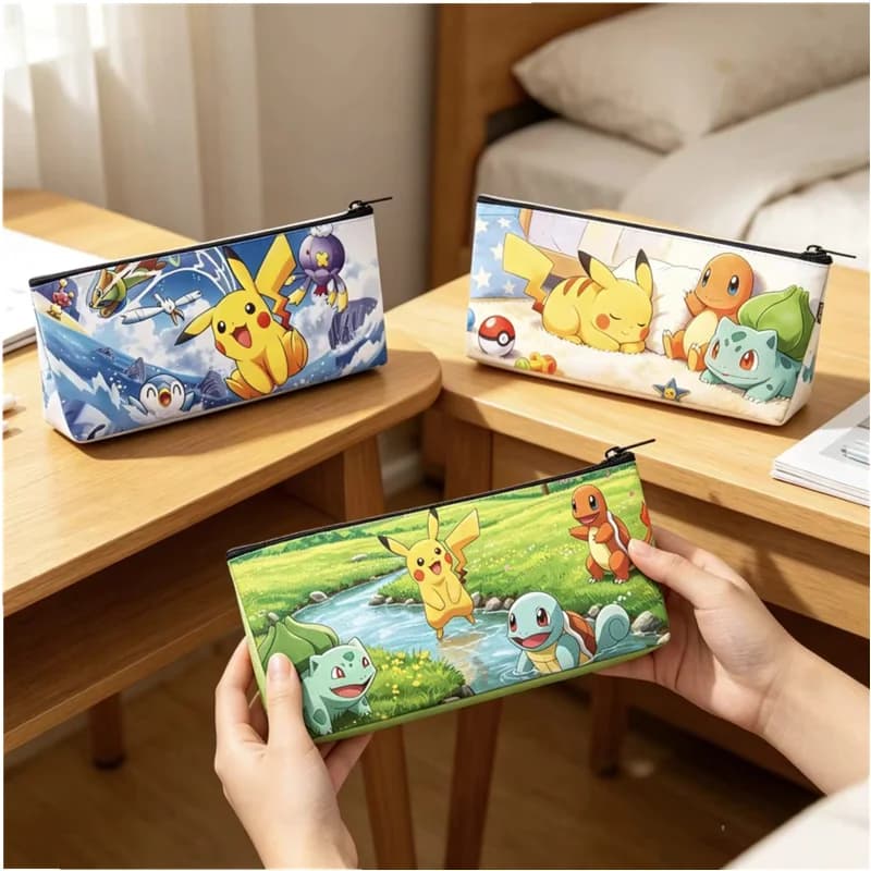 Pokemon Pikachu PU Pencil Case Cute Cartoon Bulbasaur Charmander Print Zipper Pen Bag Kids School Stationery Storage Pouch