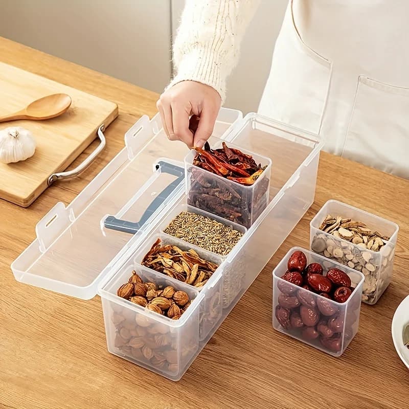 7-Piece Lidded Sealed Spice Container Set (1L+6S) - PP Food-Safe, Removable Divided Jars for Spices, Herbs & Kitchen Organizing