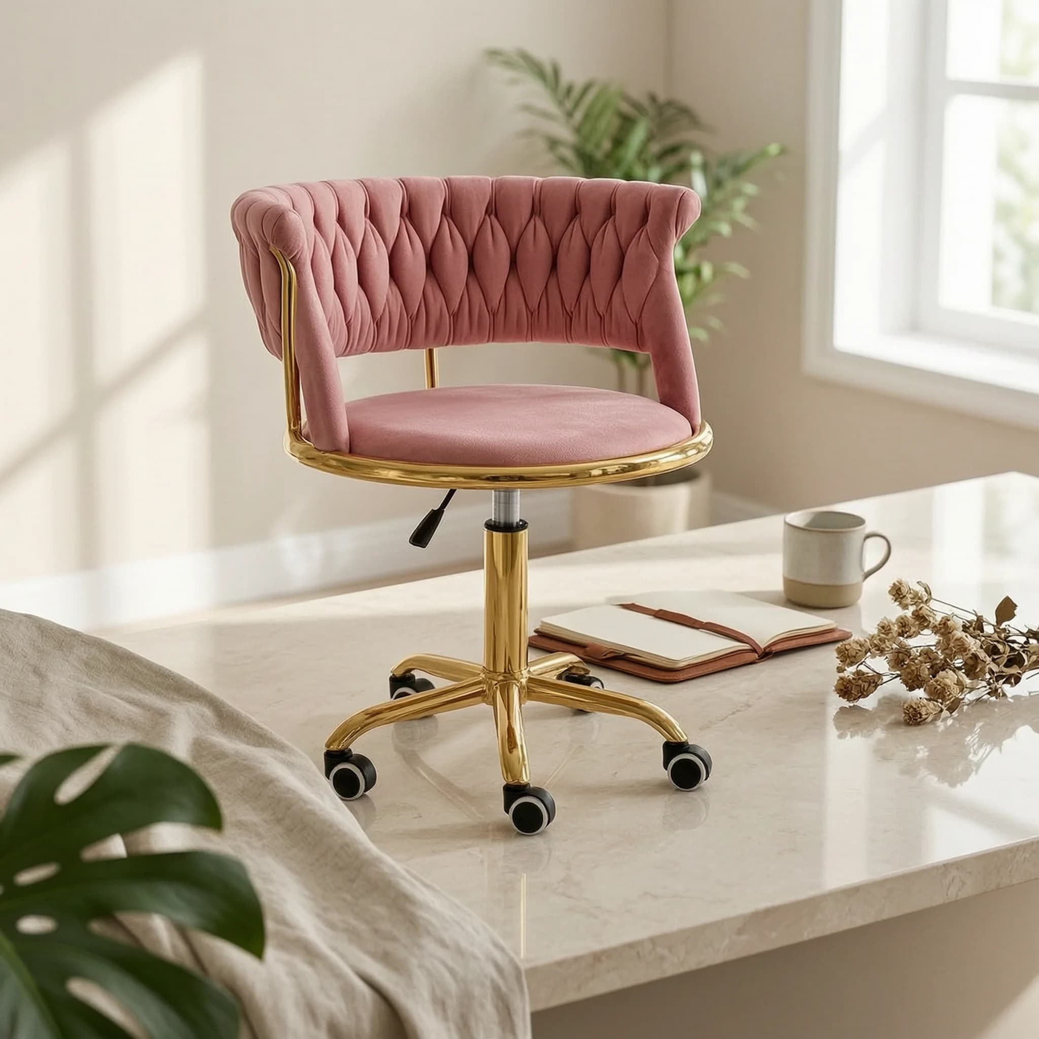 Tufted Swivel Chair Padded Tufted Office Chair Seating Caster Base Cushioned