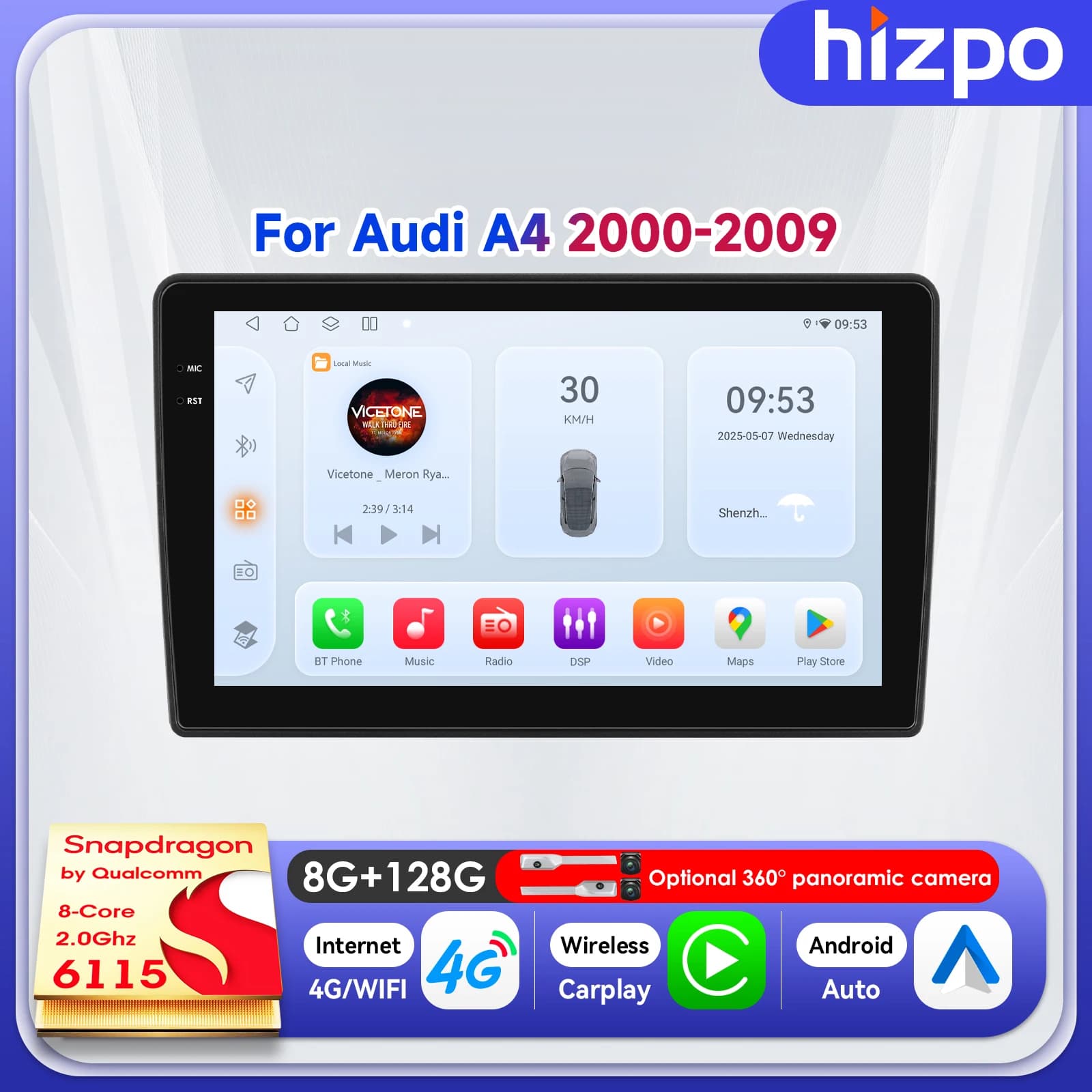 Monitor per auto Hizpo da 9 pollici per Audi A4 2000-2009 S4 B6 B7 RS4 Seat Exeo RS4, autoradio 2 DIN con touchscreen, Carplay, Android 14